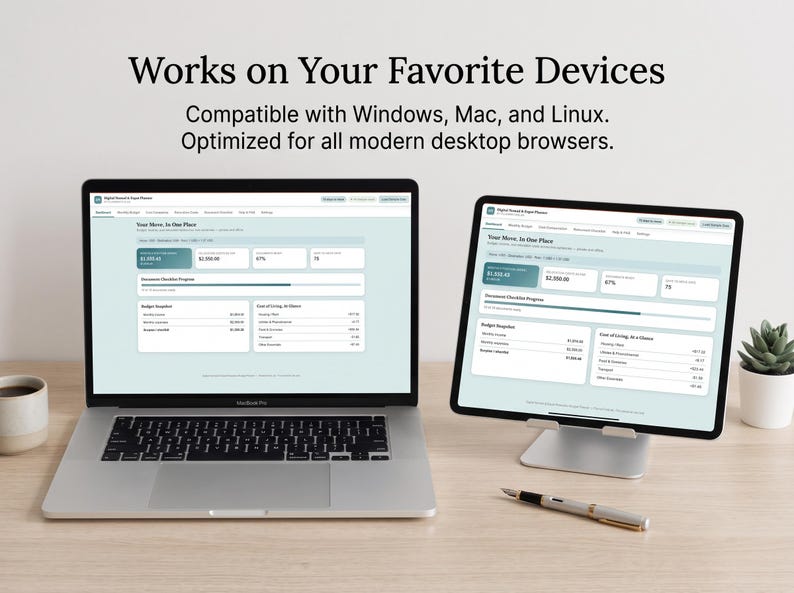 May include: A laptop and a tablet on a stand displaying a digital dashboard titled Your Move, In One Place. Text above reads: Works on Your Favorite Devices. Compatible with Windows, Mac, and Linux. Optimized for all modern desktop browsers.