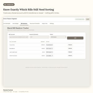 May include: A digital interface titled Shared Bill Handover Tracker displaying a table for managing shared accounts. Columns include Bill/account, Amount, and Status with entries for Council tax, Broadband, Joint credit card, and Home insurance.