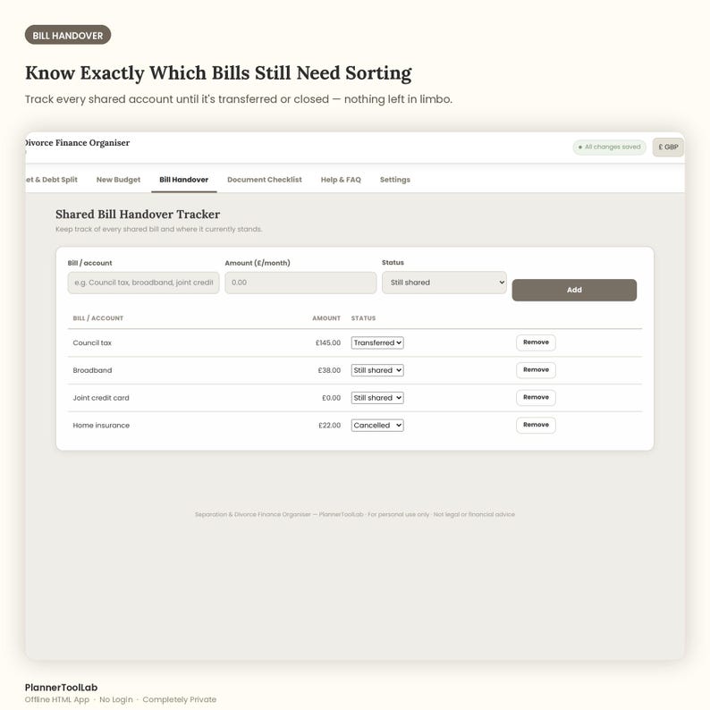 May include: A digital interface titled Shared Bill Handover Tracker displaying a table for managing shared accounts. Columns include Bill/account, Amount, and Status with entries for Council tax, Broadband, Joint credit card, and Home insurance.