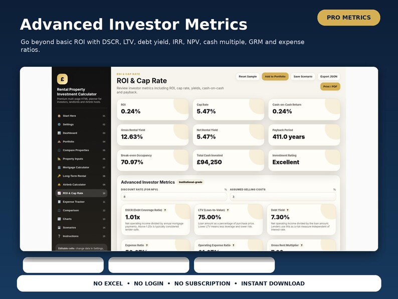 May include: A digital interface for a Rental Property Investment Calculator displaying Advanced Investor Metrics. The dashboard features data fields for ROI, Cap Rate, DSCR, LTV, and Debt Yield, with text labels including No Excel, No Login, No Subscription, and Instant Download.