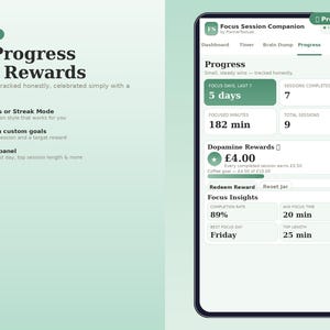 May include: A digital interface for the Focus Session Companion app displayed on a smartphone screen. The screen shows a progress dashboard with metrics including focus days, sessions completed, focused minutes, and a dopamine rewards tracker.