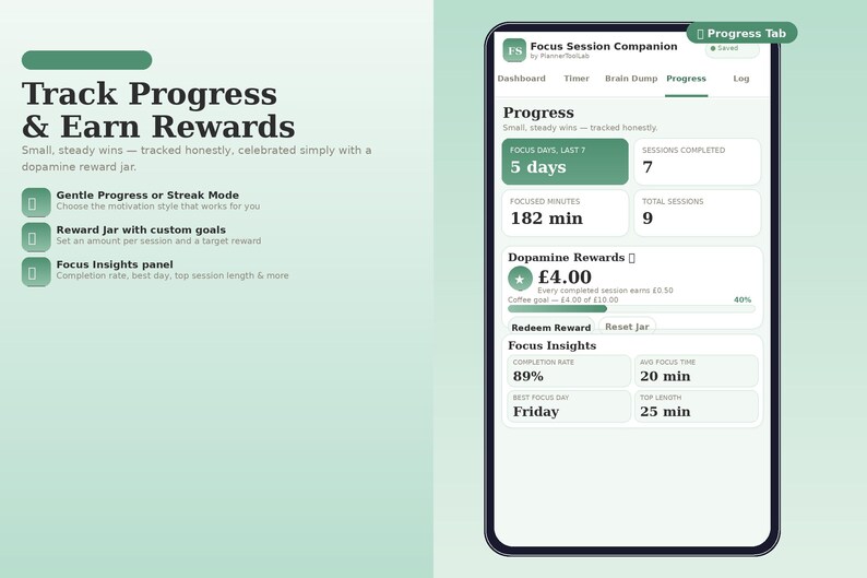 May include: A digital interface for the Focus Session Companion app displayed on a smartphone screen. The screen shows a progress dashboard with metrics including focus days, sessions completed, focused minutes, and a dopamine rewards tracker.