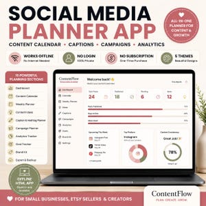 Social Media Planner App | Content Calendar, Caption Planner, Campaign Tracker | Offline Digital Planner for Etsy Sellers
