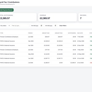 May include: A digital dashboard interface titled Payroll Tax / Contributions for Small Business Bookkeeping Pro. It displays financial data in a table with columns for type, period, amount due, amount paid, outstanding, due date, and status.