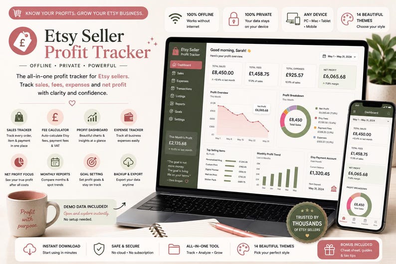 Etsy Seller Profit Tracker | Etsy Fee Calculator | Shop Profit Dashboard | Etsy Bookkeeping Tool | HTML Digital Download | Etsy Business image 1
