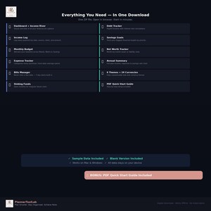 May include: A digital financial planner interface featuring a dark background with white text. It lists modules including Dashboard, Income Log, Monthly Budget, Expense Tracker, Bills Manager, Sinking Funds, Debt Tracker, Savings Goals, Net Worth Tracker, and Annual Summary.