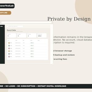 May include: A digital interface for Petcare Pro software featuring a dark sidebar and a light data export dashboard. Text includes PlannerToolLab, 100% OFFLINE, Private by Design, and details about local browser storage, JSON backup, and no recurring fees.