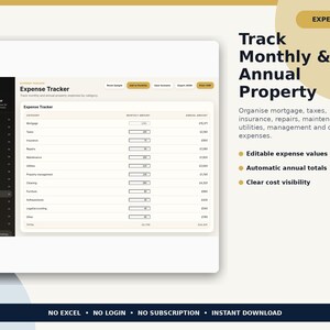 May include: A digital rental property expense tracker interface featuring a dark sidebar with navigation icons and a light-colored main table for tracking monthly and annual costs like mortgage, taxes, and insurance. Text includes Track Monthly & Annual Property, Expenses, and No Excel, No Login, No Subscription, Instant Download.