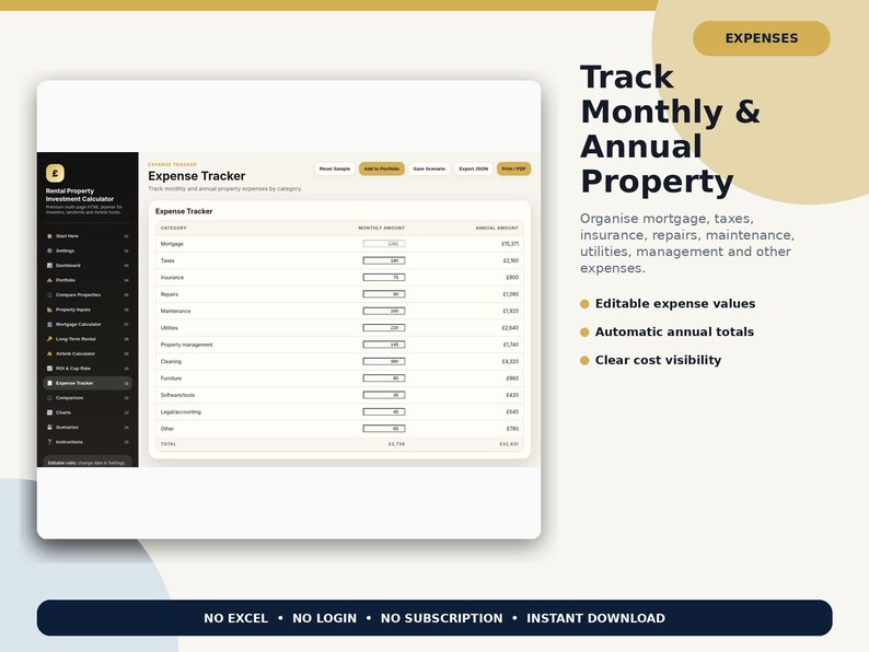 May include: A digital rental property expense tracker interface featuring a dark sidebar with navigation icons and a light-colored main table for tracking monthly and annual costs like mortgage, taxes, and insurance. Text includes Track Monthly & Annual Property, Expenses, and No Excel, No Login, No Subscription, Instant Download.