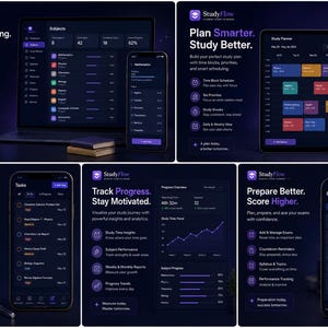 May include: A digital study planner application named StudyFlow displayed on laptops, tablets, and smartphones. The interface features a dark mode theme with purple accents, showcasing dashboards for subjects, task management, scheduling, progress tracking, and exam preparation.