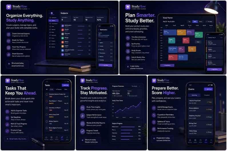 May include: A digital study planner application named StudyFlow displayed on laptops, tablets, and smartphones. The interface features a dark mode theme with purple accents, showcasing dashboards for subjects, task management, scheduling, progress tracking, and exam preparation.