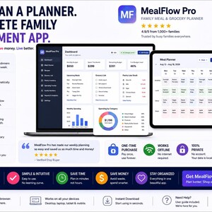 May include: MealFlow Pro family meal and grocery planner app displayed on a laptop, tablet, and smartphone. The interface shows dashboards, meal calendars, and grocery lists. Text includes 'More than a planner. A complete family management app.'