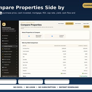 May include: A digital rental property investment calculator interface displayed on a screen. The dashboard features a side-by-side comparison table for two properties, Manchester Apartment and Liverpool Terrace, showing metrics like purchase price, ROI, and cash flow.