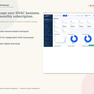 May include: A digital HVAC business management dashboard interface featuring a dark blue sidebar, white data cards, and blue circular charts. Text includes 'Manage your HVAC business. No monthly subscription.' and 'Offline customer, job, invoice, inventory & scheduling manager.'