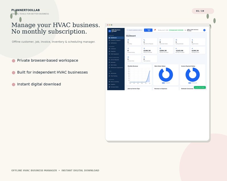 May include: A digital HVAC business management dashboard interface featuring a dark blue sidebar, white data cards, and blue circular charts. Text includes 'Manage your HVAC business. No monthly subscription.' and 'Offline customer, job, invoice, inventory & scheduling manager.'