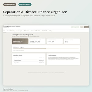 May include: A digital Separation & Divorce Finance Organiser interface featuring tabs for Asset & Debt Split, New Budget, Bill Handover, and Document Checklist. The dashboard displays shared assets of &pound;337,500.00, shared debts of &pound;212,200.00, and a net position of &pound;125,300.00.
