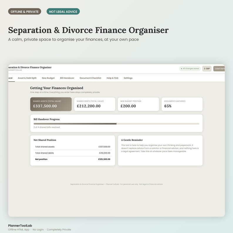 May include: A digital Separation & Divorce Finance Organiser interface featuring tabs for Asset & Debt Split, New Budget, Bill Handover, and Document Checklist. The dashboard displays shared assets of &pound;337,500.00, shared debts of &pound;212,200.00, and a net position of &pound;125,300.00.