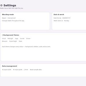 May include: The Focus Path study planner settings interface features a left sidebar with navigation icons and labels including Dashboard, Brain Dump, Subjects, Assignments, Exam Countdown, Study Planner, Focus Timer, Task Manager, Habits, Grade Calculator, Weekly Review, and Settings. The main area displays configuration cards for Wording mode, Date & week, Background Theme with options like Cloud, Midnight, Sage, Sunset, Ocean, Blossom, Forest Night, Slate, and Data management options.