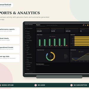 May include: A digital interface display titled REPORTS & ANALYTICS showing a dark-themed dashboard with bar charts, a donut chart, and line graphs. The screen features sections for performance reports, visual charts, and operational trends.