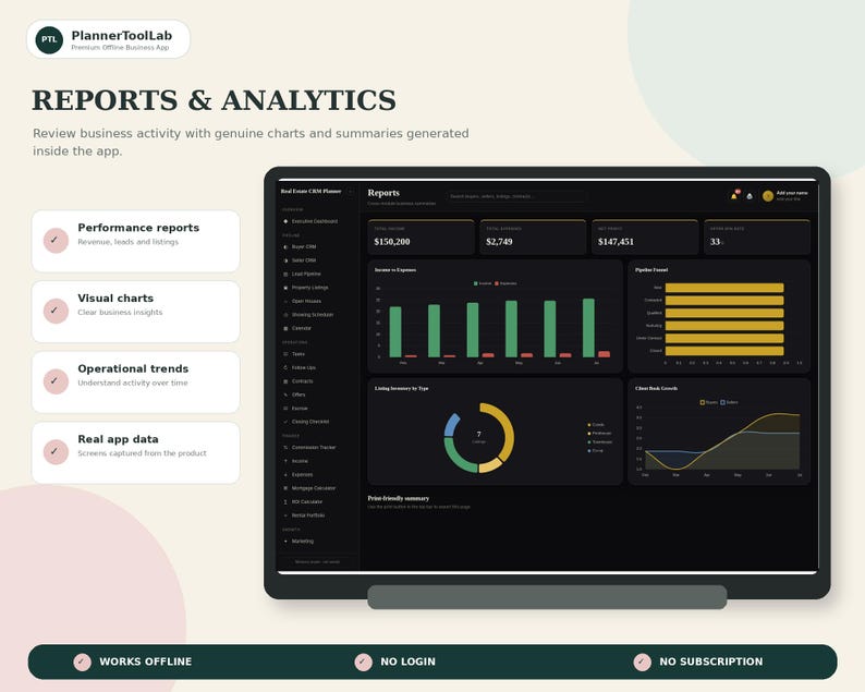 May include: A digital interface display titled REPORTS & ANALYTICS showing a dark-themed dashboard with bar charts, a donut chart, and line graphs. The screen features sections for performance reports, visual charts, and operational trends.