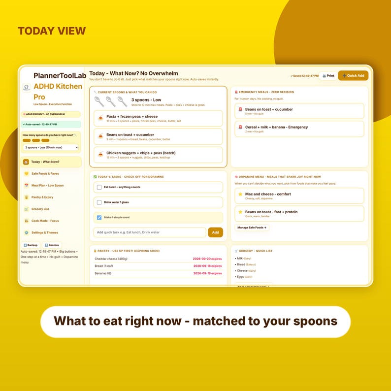 May include: A digital interface titled PlannerToolLab ADHD Kitchen Pro displaying a Today View dashboard. The layout features sections for meal planning based on spoon levels, emergency meals, daily tasks, a dopamine menu, and a pantry list.