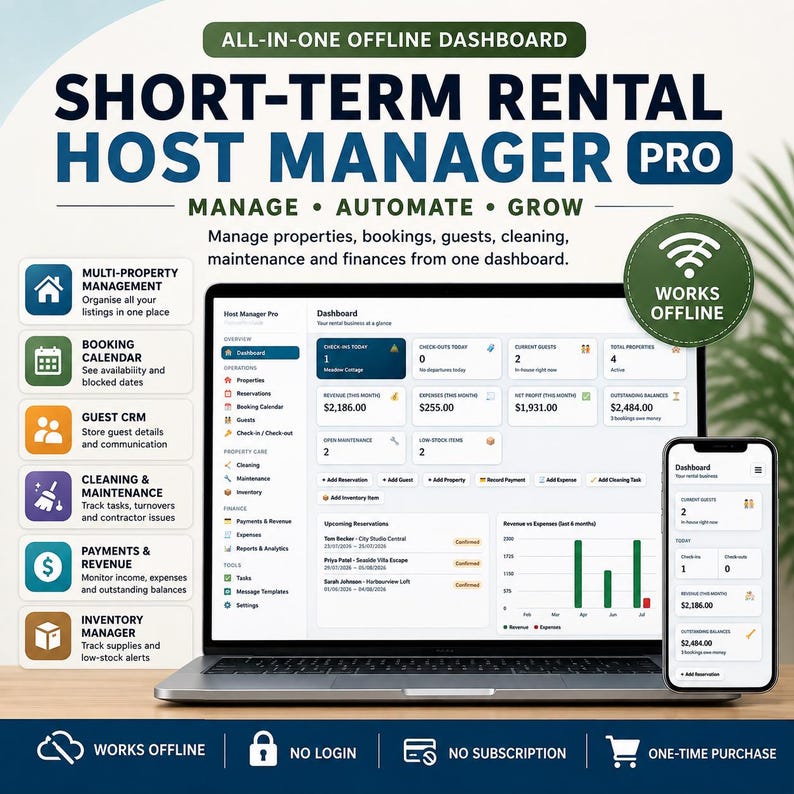 May include: A digital dashboard interface titled Short-Term Rental Host Manager Pro displayed on a laptop and smartphone. The screen shows financial data, booking calendars, and property management tools. Text includes Works Offline, No Login, No Subscription, and One-Time Purchase.