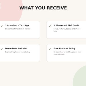 May include: A digital product information graphic titled WHAT YOU RECEIVE, listing four items: 1 Premium HTML App, 1 Illustrated PDF Guide, Demo Data Included, and Free Updates Policy, each marked with a checkmark on a light background.