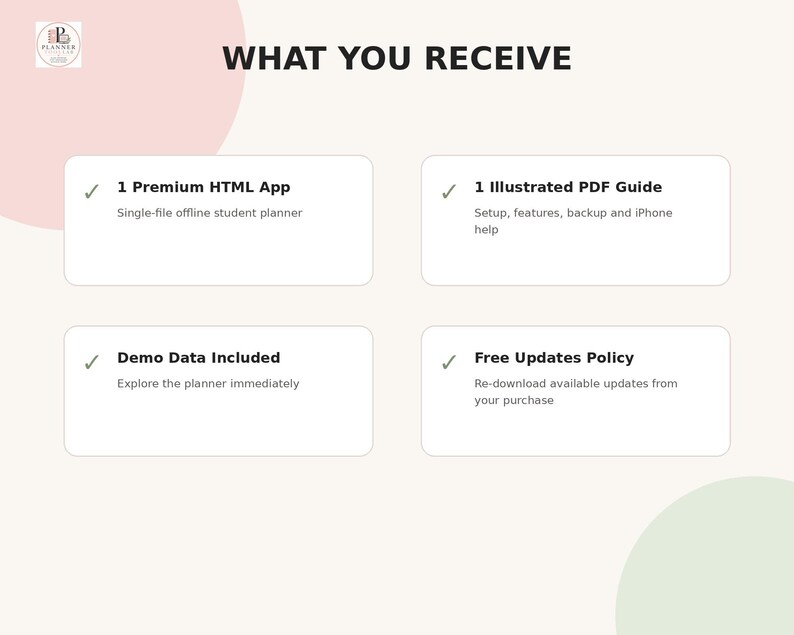 May include: A digital product information graphic titled WHAT YOU RECEIVE, listing four items: 1 Premium HTML App, 1 Illustrated PDF Guide, Demo Data Included, and Free Updates Policy, each marked with a checkmark on a light background.