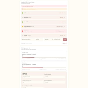 May include: A digital budget tracker interface titled Pay Yourself First, displaying August 2026. The dashboard features sections for Monthly Bills & Fixed Costs with line items for rent, electricity, council tax, insurance, water, and internet, plus a Debt Payments section for credit card and car loan balances.