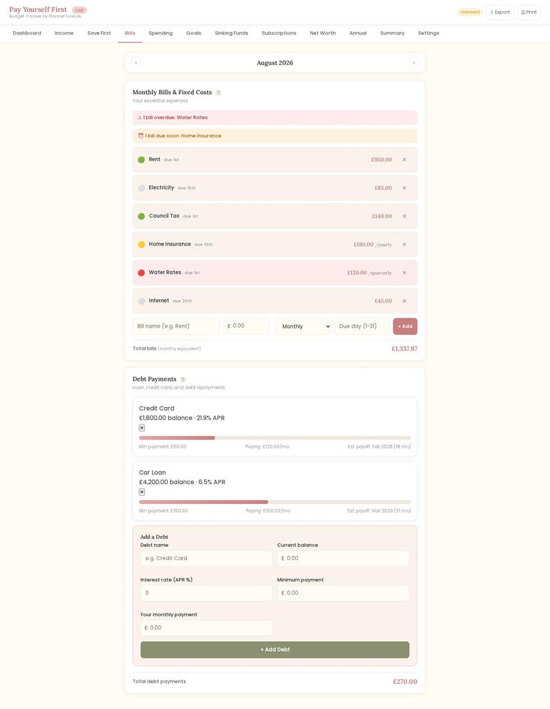 May include: A digital budget tracker interface titled Pay Yourself First, displaying August 2026. The dashboard features sections for Monthly Bills & Fixed Costs with line items for rent, electricity, council tax, insurance, water, and internet, plus a Debt Payments section for credit card and car loan balances.