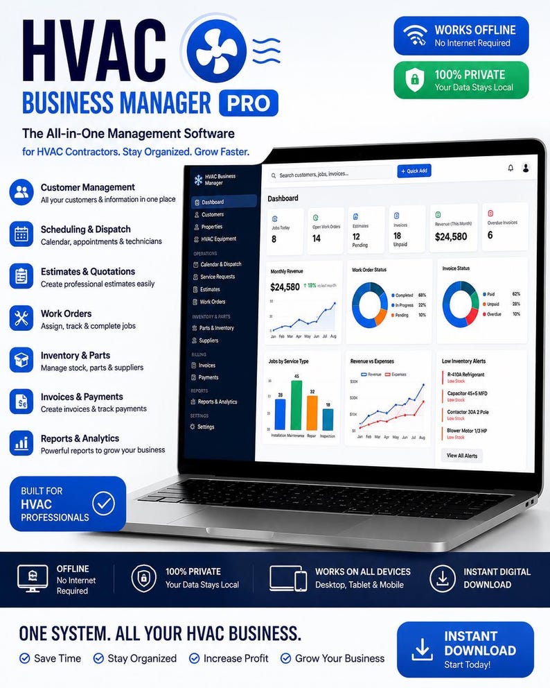 May include: A laptop displaying the HVAC Business Manager Pro software interface, featuring a dashboard with charts, revenue data, and inventory alerts. The screen shows navigation menus for customer management, scheduling, work orders, and financial reports.