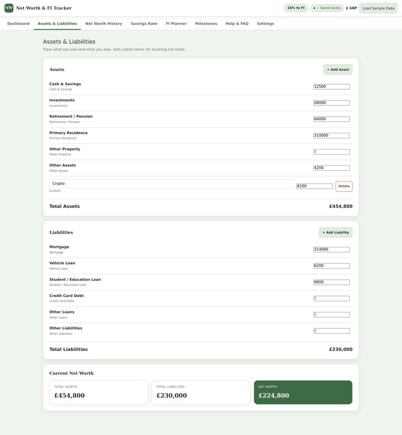 May include: A digital Net Worth & FI Tracker interface displaying an Assets & Liabilities dashboard. The screen features input fields for cash, investments, pension, and property assets, alongside mortgage, loan, and debt liability entries.