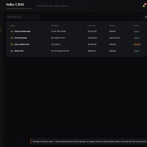 May include: A dark-themed digital dashboard titled Seller CRM, featuring a sidebar navigation menu and a main table displaying client names, property addresses, list prices, sources, and statuses, with an Export CSV and Add Seller button.
