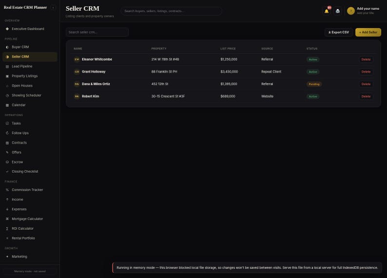 May include: A dark-themed digital dashboard titled Seller CRM, featuring a sidebar navigation menu and a main table displaying client names, property addresses, list prices, sources, and statuses, with an Export CSV and Add Seller button.