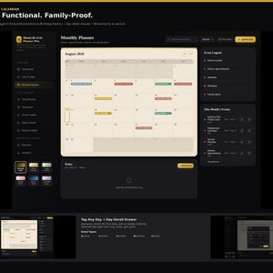May include: A digital monthly ledger calendar interface titled MomLife Kids Planner Pro, featuring a dark theme with a cream-colored August 2026 calendar grid, an event legend, and a sidebar with navigation icons for tracking school, appointments, and family plans.
