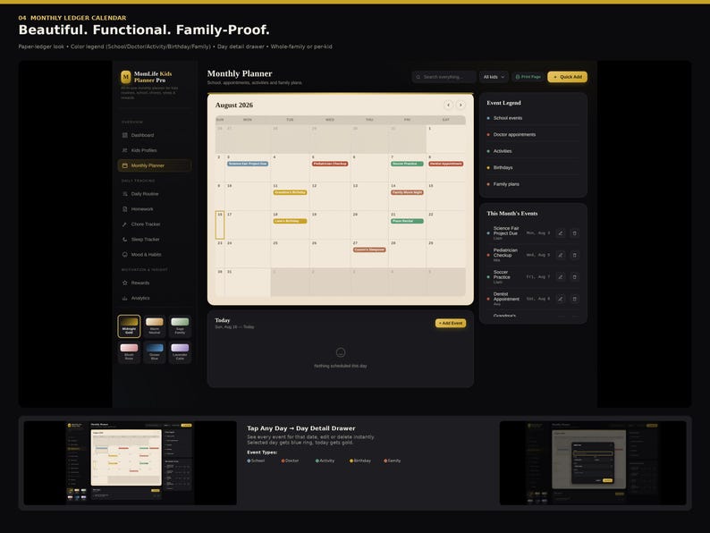May include: A digital monthly ledger calendar interface titled MomLife Kids Planner Pro, featuring a dark theme with a cream-colored August 2026 calendar grid, an event legend, and a sidebar with navigation icons for tracking school, appointments, and family plans.