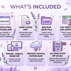 May include: A digital product infographic titled WHAT'S INCLUDED, featuring lavender floral accents. It displays icons for an index.html offline app, a user guide PDF, a backup JSON file, CSV meeting log exports, device compatibility, instant download, and a UK SEND EHCP IEP binder.