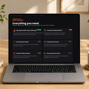 May include: A laptop screen displaying the PlannerToolBar interface with the heading Everything you need. The screen lists features including an Interactive Profit Tracker, Autosave and Backup, PDF Quick Start Guide, Sample Data Version, Product Profit Calculator, and Etsy Ads Spend Tracker.