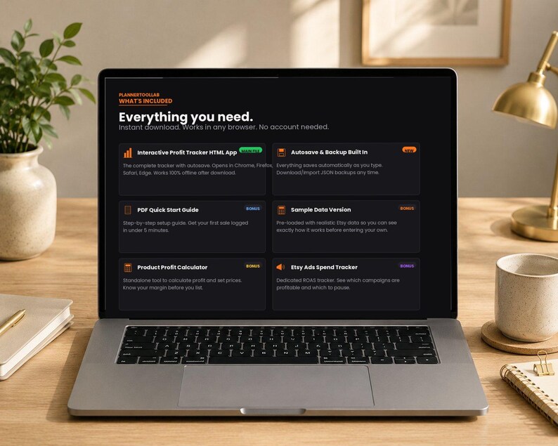 May include: A laptop screen displaying the PlannerToolBar interface with the heading Everything you need. The screen lists features including an Interactive Profit Tracker, Autosave and Backup, PDF Quick Start Guide, Sample Data Version, Product Profit Calculator, and Etsy Ads Spend Tracker.