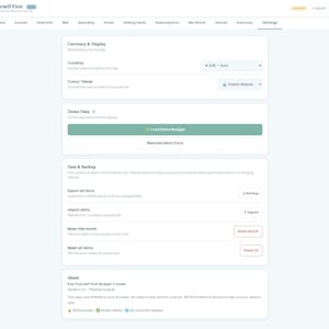 May include: A digital settings interface for the Pay Yourself First budget tracker application. The screen displays sections for Currency & Display, Demo Data, Data & Backup, and About, featuring buttons for exporting, importing, and resetting data.