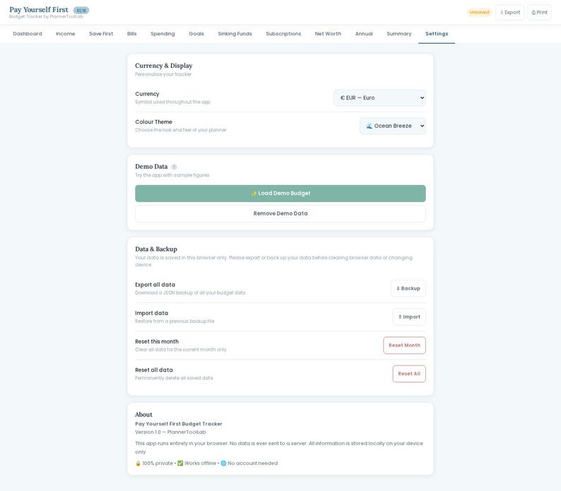 May include: A digital settings interface for the Pay Yourself First budget tracker application. The screen displays sections for Currency & Display, Demo Data, Data & Backup, and About, featuring buttons for exporting, importing, and resetting data.