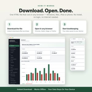 May include: A digital bookkeeping dashboard interface showing a three-step process: Download, Open, Done. The display features a dark sidebar, financial summary cards, and a bar chart comparing income and expenses, accessible on desktop and mobile.