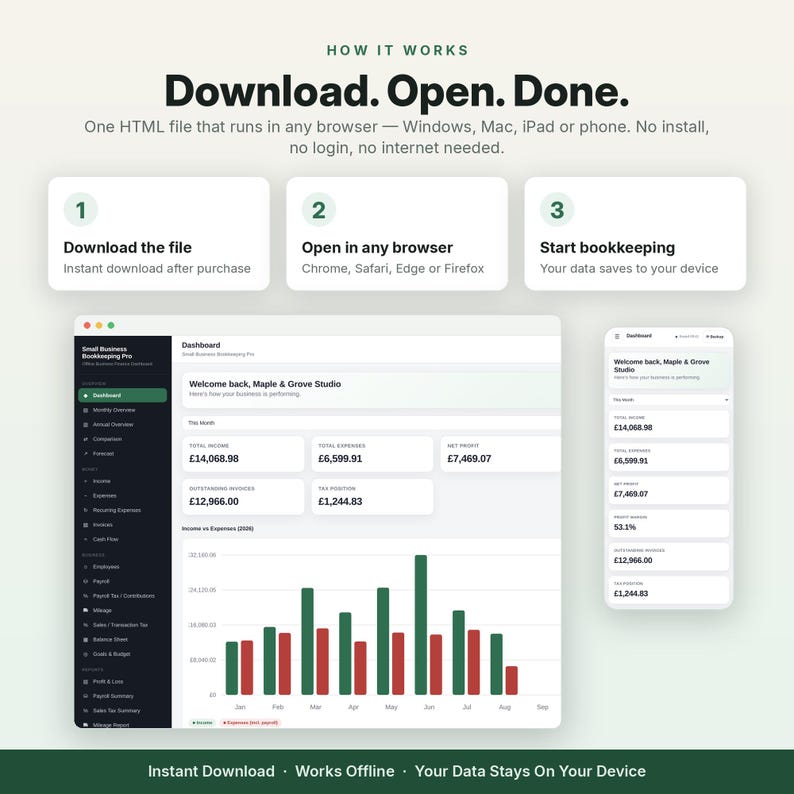 May include: A digital bookkeeping dashboard interface showing a three-step process: Download, Open, Done. The display features a dark sidebar, financial summary cards, and a bar chart comparing income and expenses, accessible on desktop and mobile.