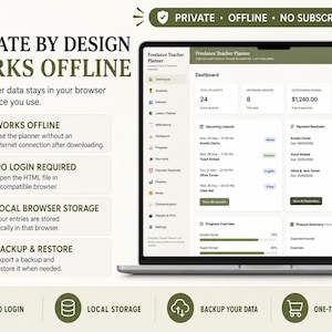 May include: A laptop displaying a Freelance Teacher Planner dashboard with sections for students, lessons, and finance. Text includes PRIVATE BY DESIGN, WORKS OFFLINE, NO LOGIN REQUIRED, LOCAL BROWSER STORAGE, and BACKUP & RESTORE in olive green.