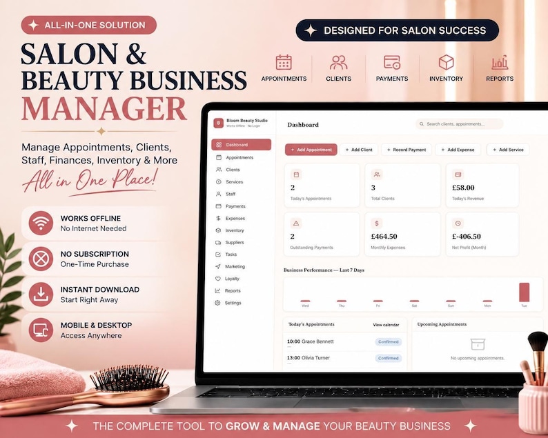 May include: A laptop displaying a Salon & Beauty Business Manager dashboard with tabs for appointments, clients, and payments. The screen shows financial data in pounds, business performance charts, and a list of upcoming appointments in a clean interface.