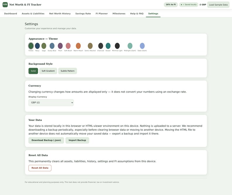 May include: A digital interface for a Net Worth & FI Tracker application showing a settings page. The layout includes sections for Appearance Theme with color circles, Background Style, Currency selection, Your Data backup, and Reset All Data.