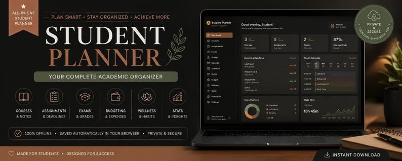 May include: A digital student planner displayed on a laptop screen, featuring a dark interface with sections for courses, assignments, exams, and budgeting. The text reads Student Planner, Your Complete Academic Organizer, and Made for Students.