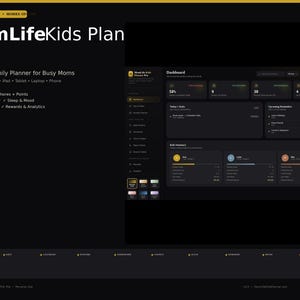 May include: MomLifeKids Plan Pro digital dashboard interface featuring a dark theme with gold accents. The layout includes sections for daily routines, chores, points, homework tracking, sleep, mood, monthly calendars, rewards, and analytics.