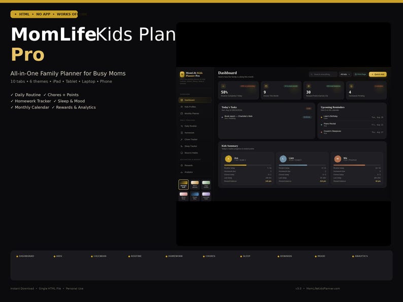 May include: MomLifeKids Plan Pro digital dashboard interface featuring a dark theme with gold accents. The layout includes sections for daily routines, chores, points, homework tracking, sleep, mood, monthly calendars, rewards, and analytics.