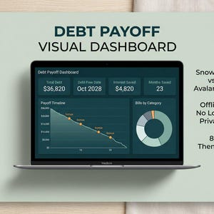 May include: A laptop screen displaying a Debt Payoff Visual Dashboard with a downward sloping payoff timeline graph, a bills by category donut chart, and data fields for total debt, debt-free date, interest saved, and months saved.